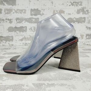 New BP Collins Gray Translucent Strap Rhinestone Triangle Heel Slide Sandal H291